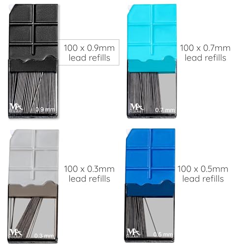 Mozart Essential Set of Lead Refills - 4 Sizes: 0.3, 0.5, 0.7 & 0.9 mm with 100 HB Lead Refills for Each - for Sketch, Architecture, Drafting, Art, Drawing Supplies, Metal Mechanical Pencils - color: Multi
