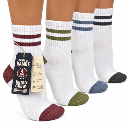 Forever Bambe Mini Crew Socks for Women 4-Pack Cushioned Bottom Retro Striped Socks - Athletic Women's Short Calf Sock - color: 1 - Pastels