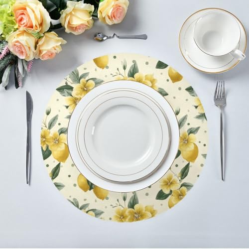 Lemon and Leaf Round Placemats Washable ‌Heat Resistant‌ ‌Non-Slip Place Mats Table Place Mat for Kitchen Dining - color: Lemon and Leaf, size: 15.4x15.4inx1