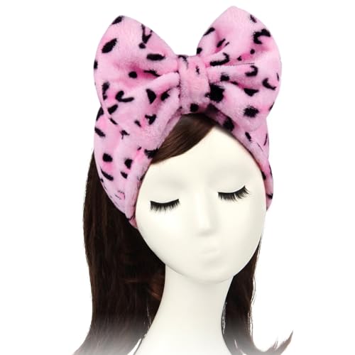 Shintop Women Fashion Lovely Soft Carol Fleece Bowknot Bow Makeup Cosmetic Shower Elastic Hair Band Hairlace Headband (Pink) - color: pink leopard