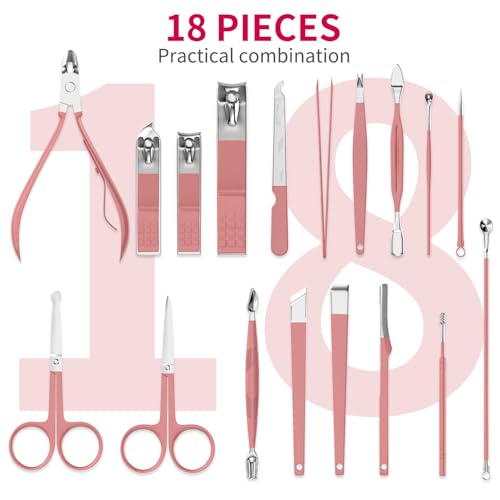 ZIZZON Manicure Set 18 in 1 Professional Pedicure Set Nail scissors Grooming Kit with Leather Travel Case Pink - color: Pink
