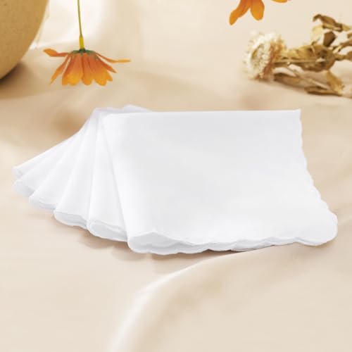 HOULIFE Handkerchiefs for women, Pure White Handkerchief with Scallop Edge
