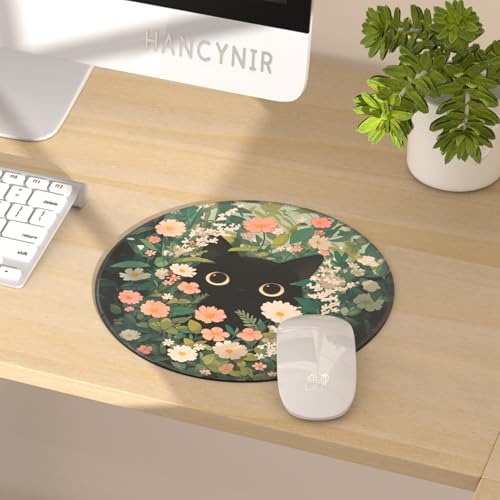 Hancynir Black Cat Round Mouse Pad, Small Mousepad for Laptop Desk Office - color: Cute Flower Cat
