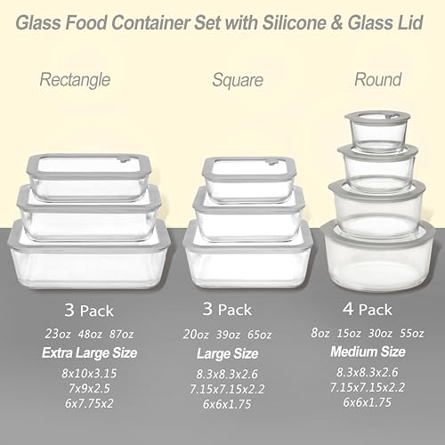 Glass Food Containers with Glass Lid, Microwave Safe Food Storage Container, Large 4 Pack Round Shape, Food Containers with Lids, Meal Prep containers with Leak Proof Lid. - color: Grey-4R