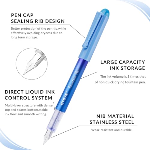 EYEYE Disposable Fountain Pens for Writing, Medium Point, Pack of 8 Black - color: Black