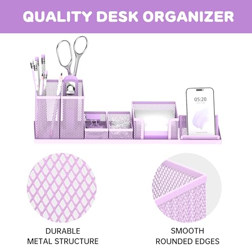 Pen Holder for Desk, 6-Piece Mesh Desk Organizer with Phone Holder, Purple - color: Purple