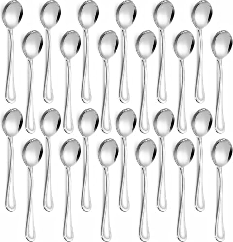Hunnycook 24-Piece Soup Spoons - Round Spoon, 6.9 Inch Stainless Steel Korean Spoons for Soup, Cereal, Dessert, Dishwasher Safe & Line Pattern