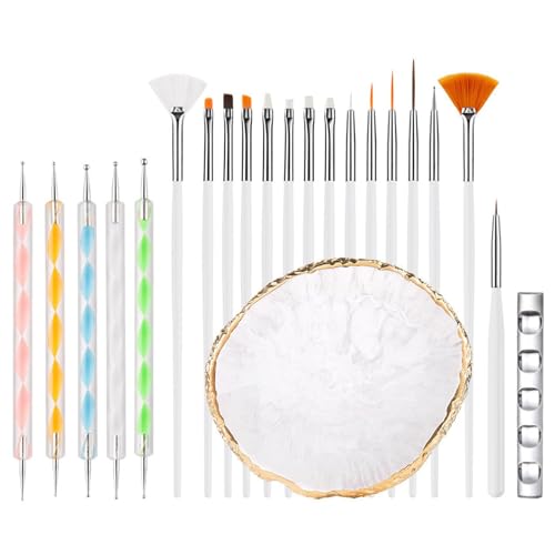 22 Pcs Nail Art Brushes Set with Resin Palette and Silicone Carving Pen,Professional Nail Art Tools Kit for DIY Gel Polish,Includes Dotting Tools and Nail Art Palette,white