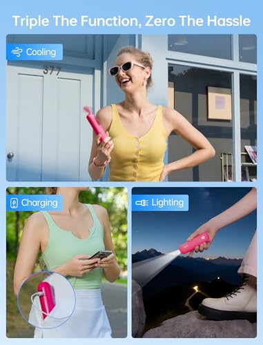 JISULIFE 3 IN 1 Portable Fan with Power Bank & Flashlight Featured - color: Fuchsia