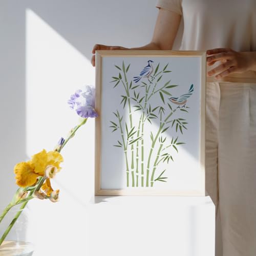 MAYJOYDIY Birds Bamboo Stencils 11.7×8.3inch Large Bird Tree Branches Stencils with Paint Brush Artistic Traditional Chinese Style Drawing Template for Wood Wall Furniture Canvas Decor - color: Birds Bamboo