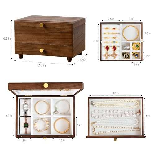 Black Walnut Wooden Jewelry Box with Feet, 3 Layer Organizer for Women - color: 3 Layer with Feet