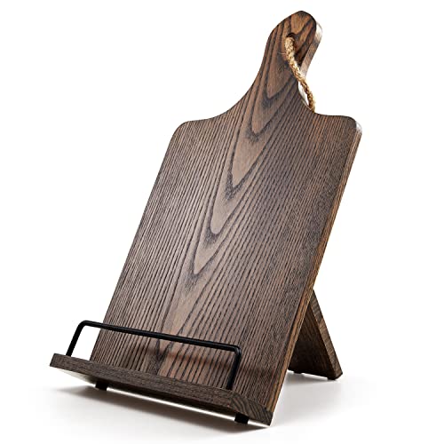 FANATU Cookbook Stand, Rustic Wood Cookbook Holder Cutting Board Style, Adjustable Recipe Ipad Tablet Book Holder and Stand for Kitchen with Anti-Slip Kickstand (Dark Brown)