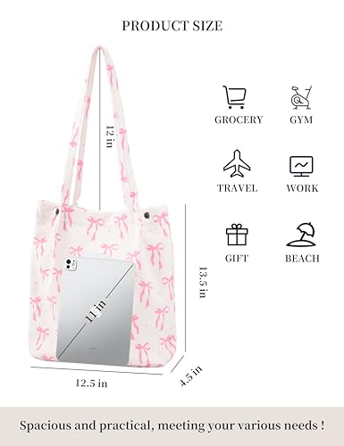 Corduroy Tote Bag Cute Tote Bags for Women Shoulder Bag with Inner Pocket for Work Beach Travel and Shopping Grocery - style: Bow Pink