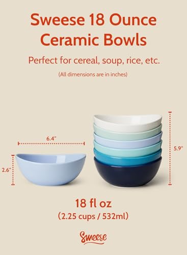 Sweese 18 oz Medium Porcelain Bowls - Set of 6 Shade of Blue Colored Serving Bowls for Soup, Salad, Pasta & Snacks - color: Shades of Blue, style: Medium (18 oz)