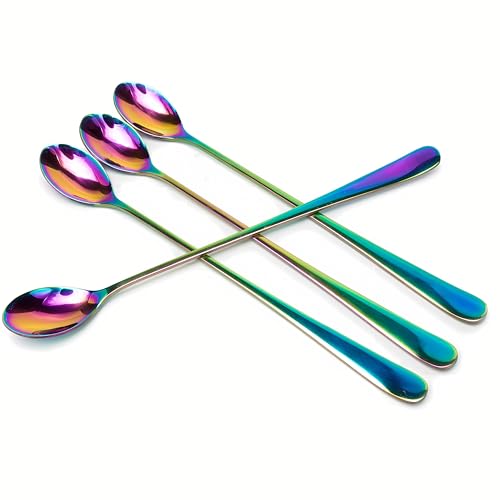 Long Handle Iced Tea Spoons, 9" 18/10 Stainless Steel Cocktail Stirring Spoons with Thickened Ergonomic Handle, Tall Coffee & Latte Stirrers, Dessert Spoon Set, Dishwasher Safe (9 IN) - color: Silver 9 IN, size: Round