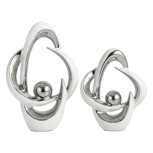 2 Pcs Ceramic Statues Home Decor Modern Aesthetic Abstract Art - color: White and Silver