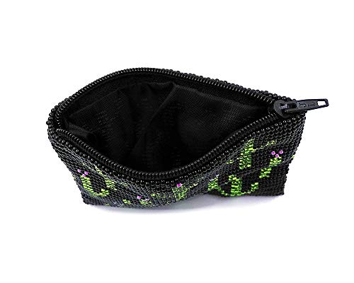 Multi Saguaro Cactus Pattern Czech Glass Seed Beaded Coin Purse Zipper Pouch - Womens Fashion Handmade Bags Boho Travel Accessories (Black) - color: Black