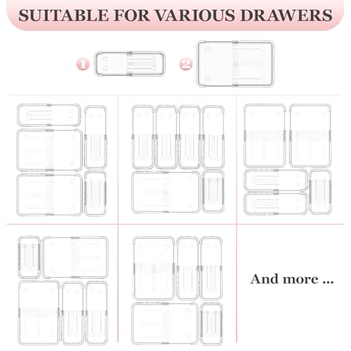 DILIBRA 12 Pcs Clear Extendable Drawer Organizer, Adjustable Drawer Storage - size: 4Pcs Large + 8Pcs Medium