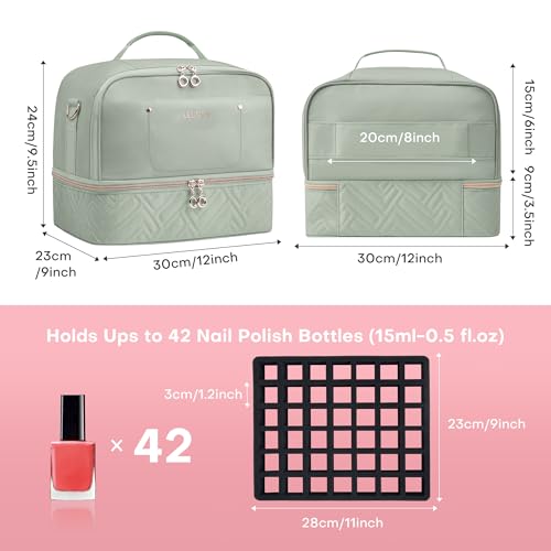 Leudes Nail Bag Polish Organizer Case Holds 42 Bottles & Gel Lamp - color: Sage Green