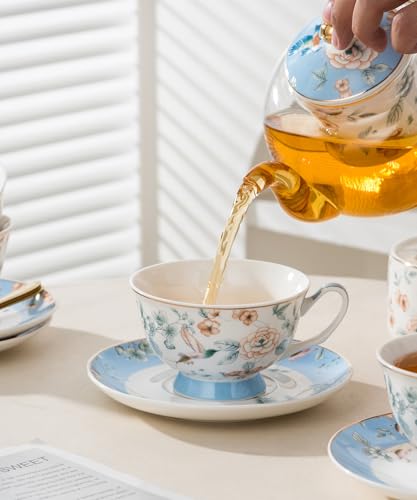 Jusalpha Porcelain Tea Set, Blue Floral Series, 4 Cups and Saucers with Teapot, Warmer, Filter and Spoon, 16 Pieces