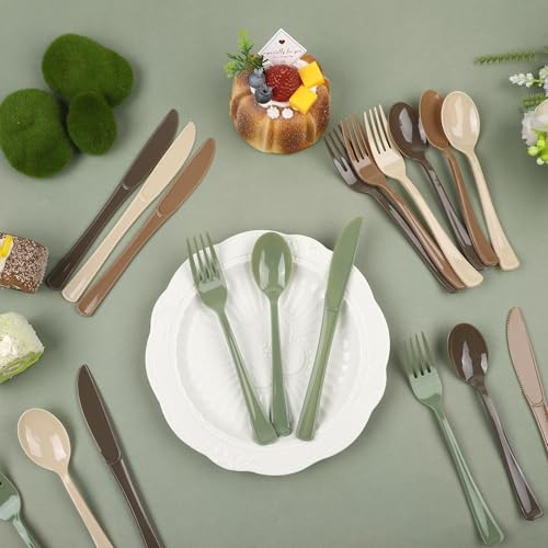 Kochorie 300 Pieces Woodland Plastic Silverware, Disposable Plastic Utensils, Heavy Duty Cutlery Set Heavyweight Flatware Includes Spoons Forks Knives for Birthday Wedding Forest Party Supplies - color: Woodland