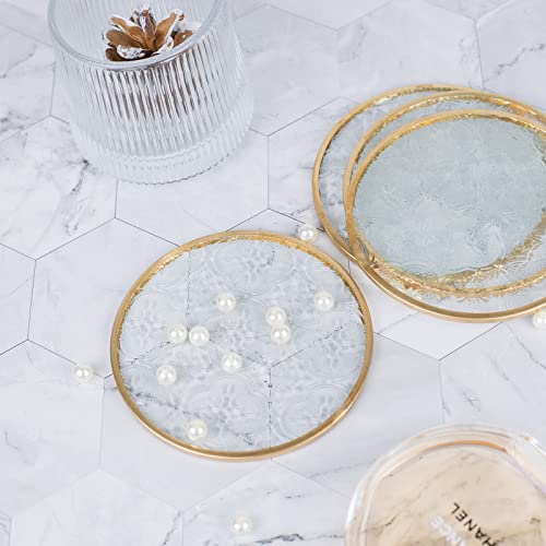 Glass Gold Coasters Set of 4, Round Cup Coaster Set with Carved Glass Stylish for Coffee Tea Wine Coasters for Bar Drink with Brass Edge Coasters Home Decor - color: Round