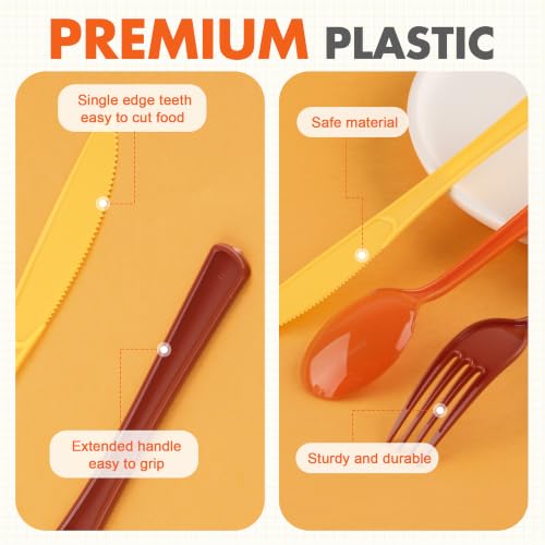 Kochorie 300 Pieces Fall Plastic Silverware, Disposable Plastic Utensils, Heavy Duty Cutlery Set Heavyweight Flatware Includes Spoons Forks Knives for Birthday Thanksgiving Harvest Party Supplies - color: Fall