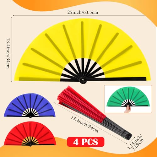 Maitys 4 Packs Large Folding Hand Fans, 13'', Red,Yellow,Green and Blue - color: Red,yellow,green and Blue