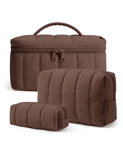 BAGSMART Puffy Travel Makeup Set, 3 Pc Cosmetic Pouch, Chocolate Brown - color: Chocolate Brown