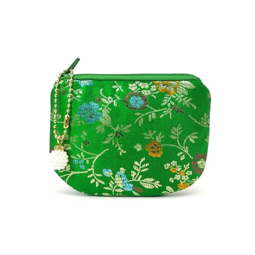Handmade Women Coin Purse Brocade Zipper Wallet Rosary Pouch Silk Jewelry Bag - Green - color: Green