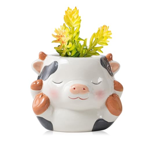 DIYOMR Cute Animals Planter, Mini Ceramic Cartoon Animal Shaped Succulent Flower Pot Indoor Air Plants Holder, Smooth Shiny Decorative Flower Cactus Planter - Plants Not Included (Milk Cow) - color: Milk Cow