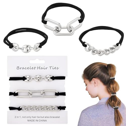 Bracelet Hair Ties Black Hair Tie Bracelets For Women 3 PCS Hair Ties For Thick Hair With Gold Silvery and Beige Elastic Looks Cute On Your Wrist And Great In Your Hair - color: Hairties(B) 3PCS