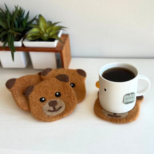 Humble Hilo Handmade Animal Felt Coaster Set of 4, Absorbent Coaster for Animal Lover (Bear) - color: Bear