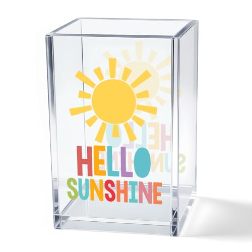 Hello Sunshine Acrylic Cosmetic Pencil Pen Holder Cup, Inspirational Sunshine Desk Organizer Accessories for Home Office Decor, Motivational Appreciation Gifts for Coworker Teacher Secretary - style: Hello Sunshine