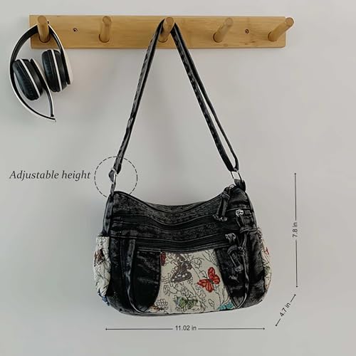 Black Denim Purse Crossbody Bags, Boho Hobo Crossbody Bags for Women, Casual Hippie Travel Purse with Lots of Pockets - color: Style2-black
