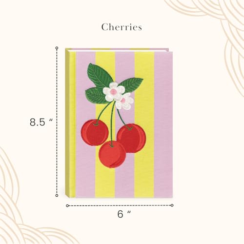 Lady Jayne Embroidered Canvas Hardcover Journal with 192 Lined Pages, 6” x 8.5” – Fruit and Fleur Cherries (83500) - color: Cherries