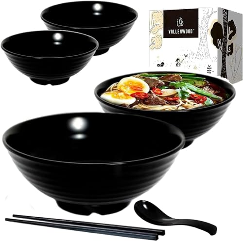 4 Ramen Bowls, 12 pieces Pho set. All Black Asian Japanese soup. Utensil: Spoons And Chopsticks kit. Melamine. Large 37 oz. Noodles, Rice, Udon, Thai, Chinese, Korean, Wonton, Miso - color: All Black x4