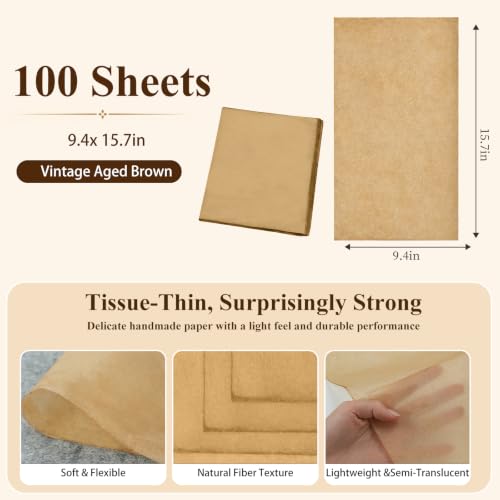 100 Sheets Cicada Wing Rice Paper - Handmade Bamboo Pulp Xuan Paper for Mixed Media, Gelli Printing & Calligraphy - Ultra-Thin, Strong & Translucent Art Paper for Collage, Layering & Journaling - color: Vintage Aged Brown