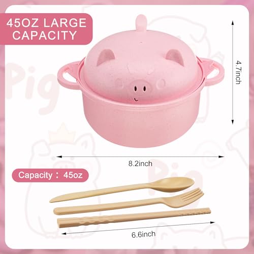 1 Set Large 45oz Cute Pig Ramen Bowl Set Microwavable Cooker, Pink - color: Pink
