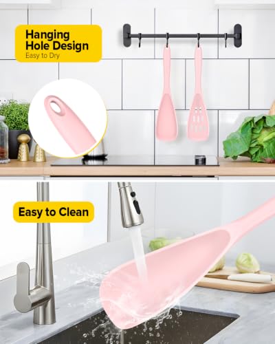 BUNDLEPRO Silicone Cooking Spoons for Nonstick Cookware, One-Piece, 2 Pack - color: Pink