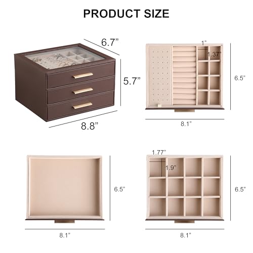 Frebeauty Jewelry Box for Women,Clear Lid Jewelry Organizer with 3 Drawers - color: Dark Brown, size: 3 Drawer