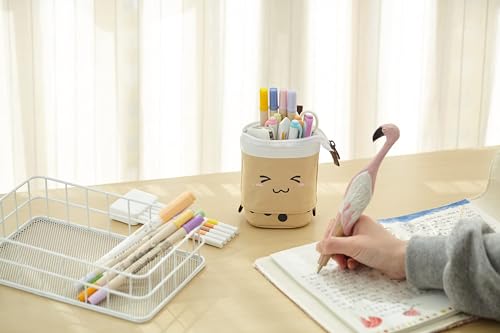 Telescopic Pencil Bag Pen Holder Pop Up Stationery Case, Stand-up Retractable Transformer Bag Standing Organizer, Great for Christmas Holiday New Year Office Bag - color: Brown