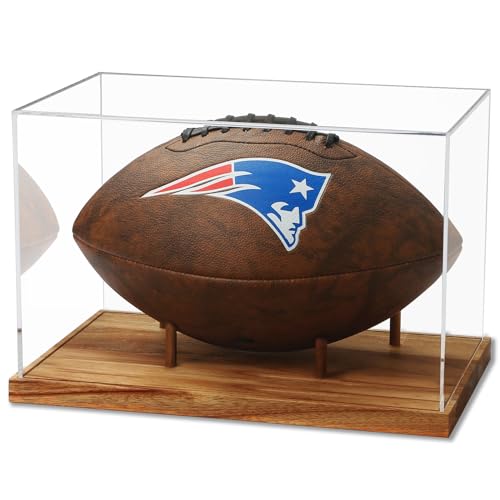 JupDec Football Display Case Full Size, Acrylic Clear Box with Wood Stand, UV Protected Memorabilia Holder, for Football Fans & Collectors, Sports Collectibles, No Assembly Required - color: Brown