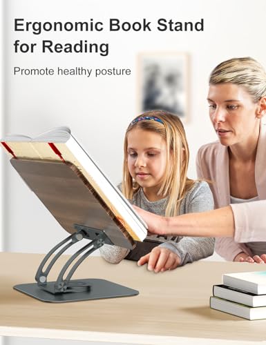 Tounee Book Stand for Reading, Adjustable Book Holder with 360° Swivel Base, Foldable Cookbook Stand Recipe Book Holder with Elastic Page Clips for Music Scores, Recipe, Tablet, Laptop-Gray - color: Gray