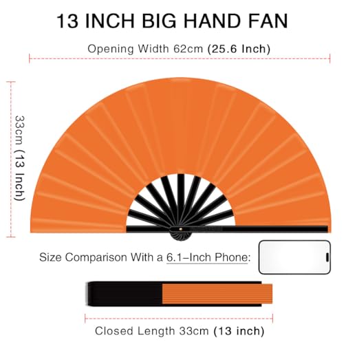 13" Large Folding Rave Fan with Holster, Clack Hand Fans Foldable for Line Dancing for Women Men Festival EDM Party Decoration, Orange 2 Pack - color: Orange