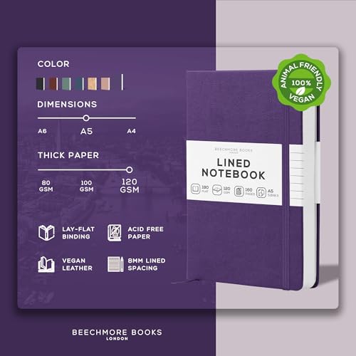 BEECHMORE BOOKS A5 5x8 Lined Leather Journal For Men, 120 GSM with Gift Box - color: Royal Plum, size: A5 - 5.8" x 8.3" Medium