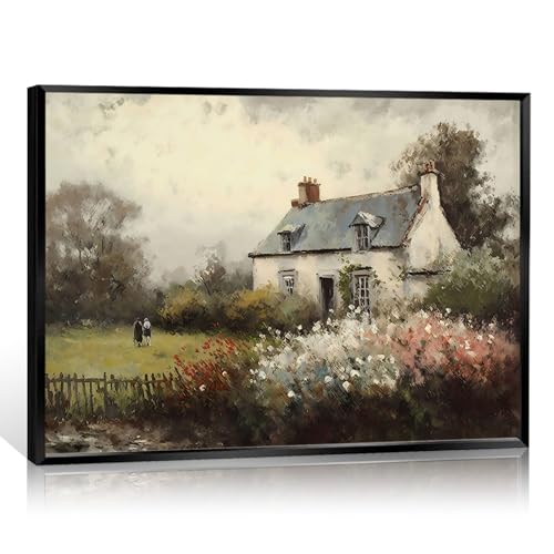 Huabsad Vintage Landscape Flower Portrait Oil Painting Canvas Wall Art Antique Cottage Outdoor Garden Spring Wall Decor Rustic Farmhouse Bedroom Aesthetic Painting Prints 16x24in Black Framed - color: Oil painting03, size: 16x22in Metal Framed