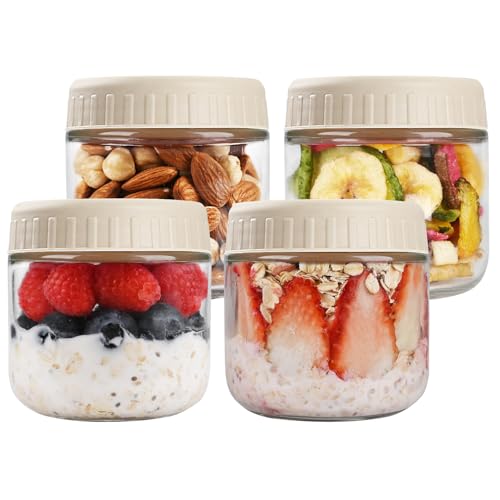 SHOWIN Overnight Oats Containers with Lids, 10oz Glass Jars with Lids 4 pcs, Creamy Beige, Wide Mouth Mason jars for Salad, Yogurt, Snacks, Meal Prep - color: Creamy Beige, size: 10oz-4pc