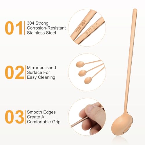 HARFINGTON 6pcs Tea Stirring Spoons 7"(17cm) 304 Stainless Steel Round Soup Spoon with Long Handles for Espresso Sugar Dessert Cereal Ice Cream Cocktail Coffee Bar Accessories, Rose Gold - color: Rose Gold, size: 7"