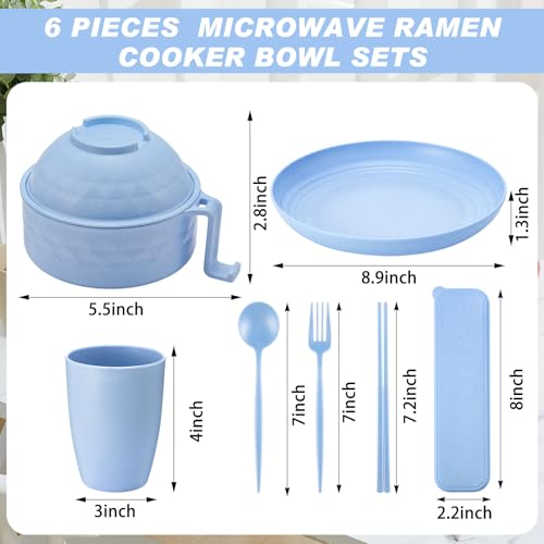 6 Pcs Microwave Ramen Cooker Set 40oz Bowl, Nordic Blue - color: Nordic Blue